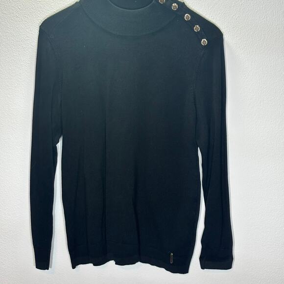 Calvin Klein Black Mock Neck Sweater Gold Button Shoulder Women’s M Pullover - Picture 1 of 8